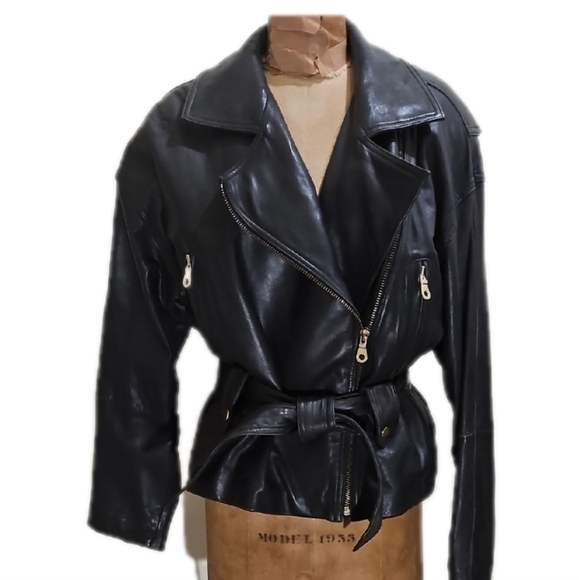 Andrew Marc Jackets & Blazers - Black Leather Biker Belted Jacket with Fitted Silhouette and Diagonal Zipper